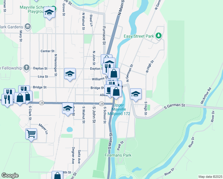 map of restaurants, bars, coffee shops, grocery stores, and more near 113 Bridge Street in Mayville