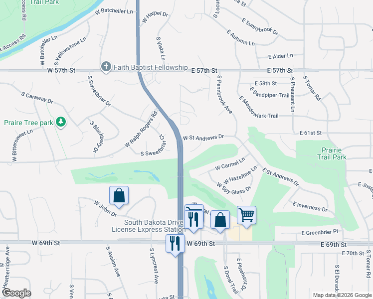 map of restaurants, bars, coffee shops, grocery stores, and more near South Minnesota Avenue in Sioux Falls