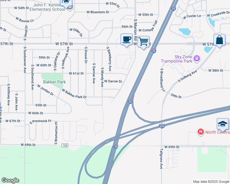 map of restaurants, bars, coffee shops, grocery stores, and more near 5501 West Rebecca Street in Sioux Falls