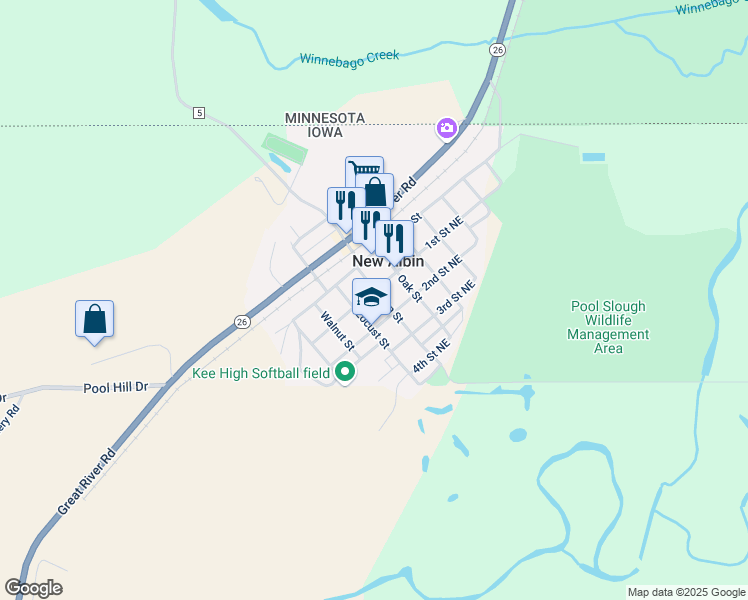 map of restaurants, bars, coffee shops, grocery stores, and more near 112 1st Street Northeast in New Albin