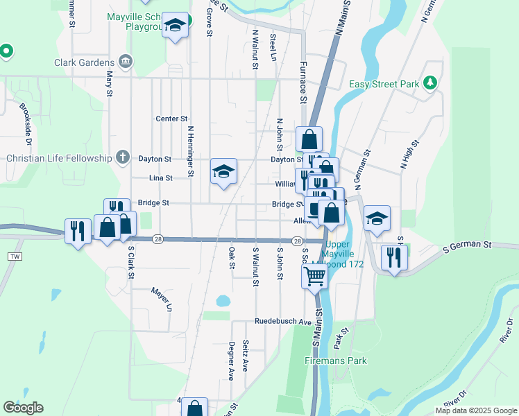 map of restaurants, bars, coffee shops, grocery stores, and more near 4 South Walnut Street in Mayville