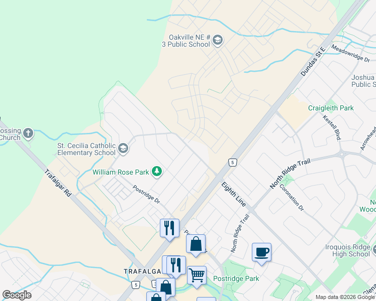 map of restaurants, bars, coffee shops, grocery stores, and more near 3070 Eighth Line in Oakville