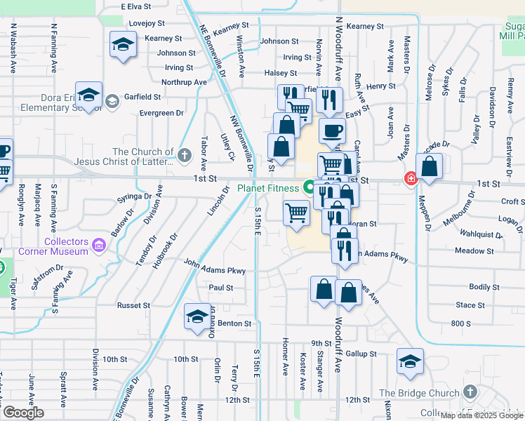 map of restaurants, bars, coffee shops, grocery stores, and more near 157 Clubhouse Circle in Idaho Falls