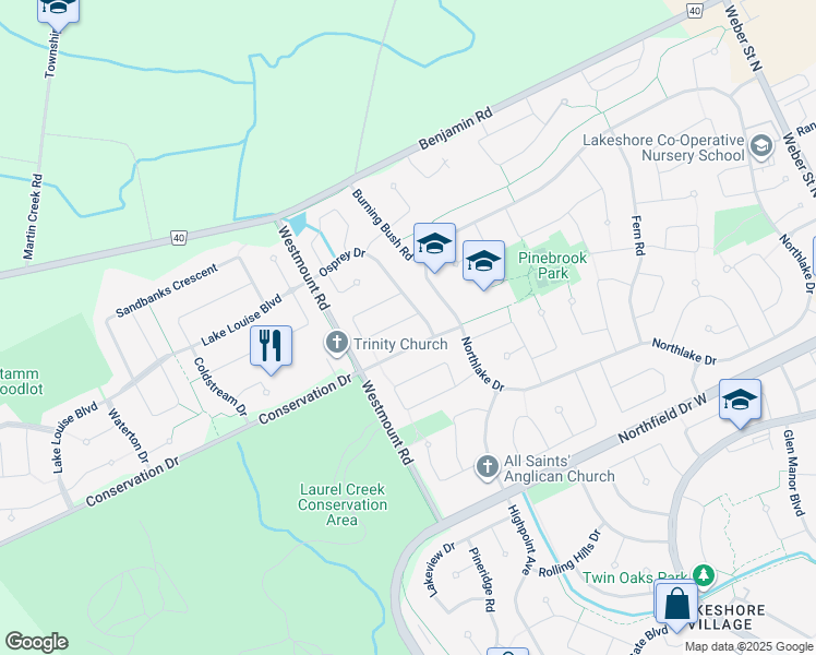 map of restaurants, bars, coffee shops, grocery stores, and more near 299 Bushview Crescent in Waterloo