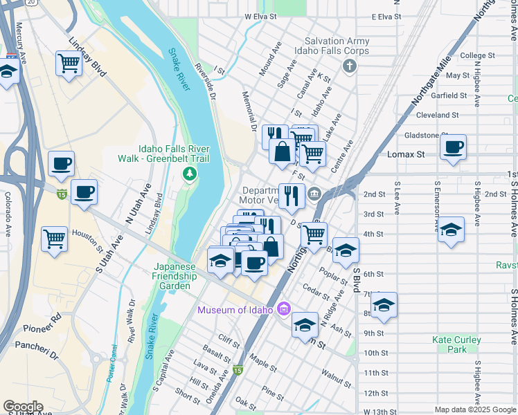 map of restaurants, bars, coffee shops, grocery stores, and more near 483 D Street in Idaho Falls