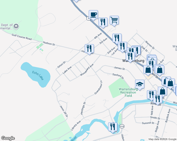 map of restaurants, bars, coffee shops, grocery stores, and more near 26 Woodward Avenue in Warrensburg