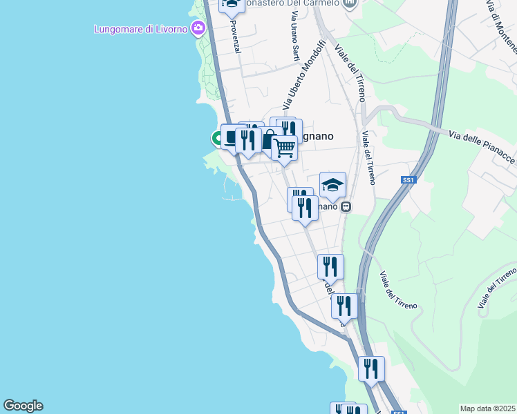 map of restaurants, bars, coffee shops, grocery stores, and more near 86 Via Duca Cosimo in Livorno
