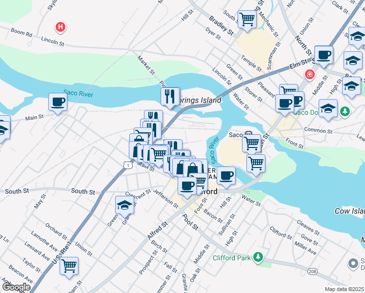 map of restaurants, bars, coffee shops, grocery stores, and more near 22 Pearl Street in Biddeford