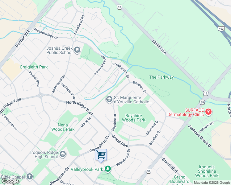 map of restaurants, bars, coffee shops, grocery stores, and more near 1387 Bayshire Drive in Oakville