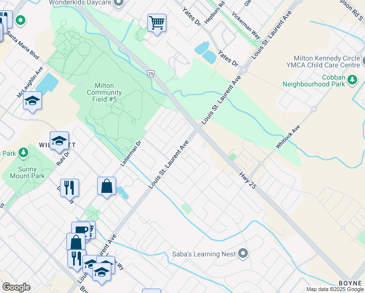 map of restaurants, bars, coffee shops, grocery stores, and more near 8040 Louis Saint Laurent Avenue in Milton
