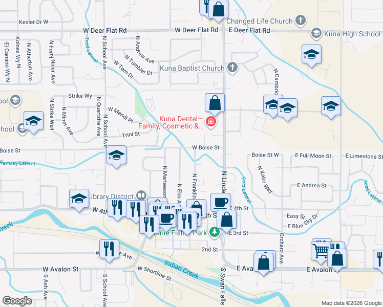 map of restaurants, bars, coffee shops, grocery stores, and more near 759 North Franklin Avenue in Kuna