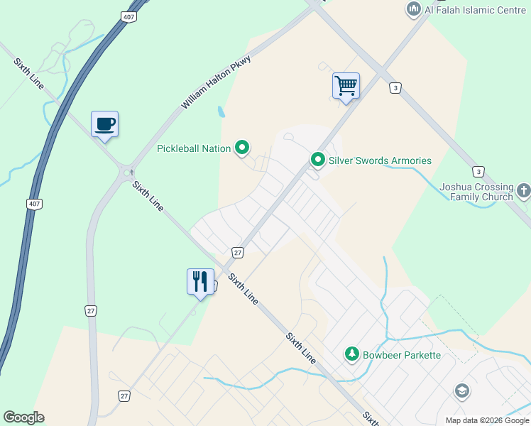 map of restaurants, bars, coffee shops, grocery stores, and more near 86 Burnhamthorpe Road East in Oakville