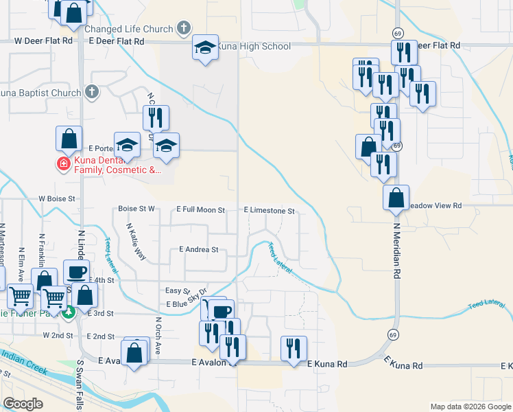 map of restaurants, bars, coffee shops, grocery stores, and more near 836 East Limestone Street in Kuna