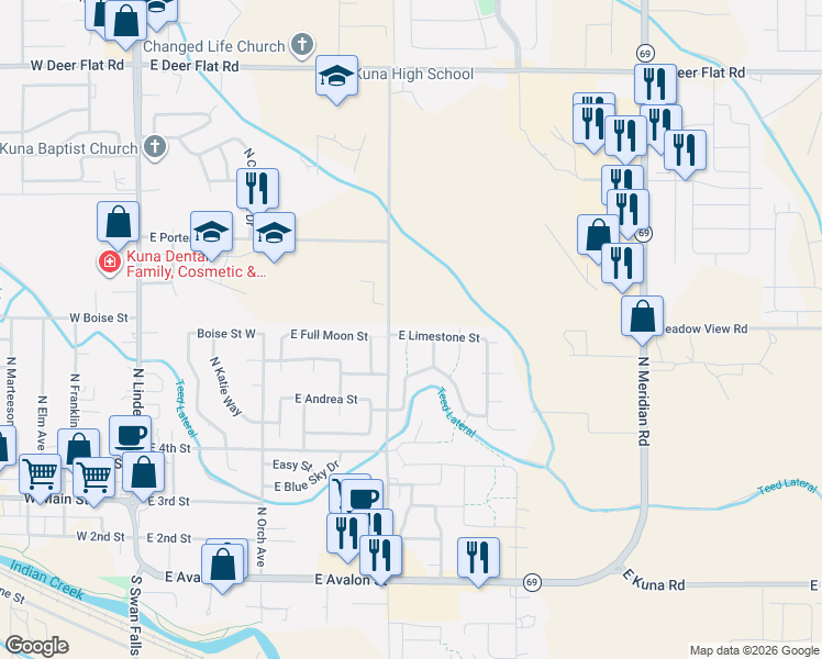 map of restaurants, bars, coffee shops, grocery stores, and more near 836 Limestone Street in Kuna