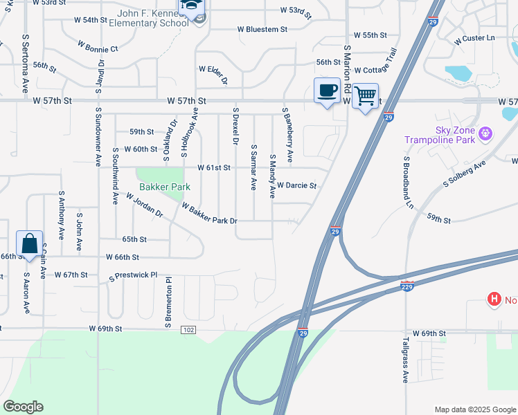 map of restaurants, bars, coffee shops, grocery stores, and more near 5600 South Sarmar Avenue in Sioux Falls