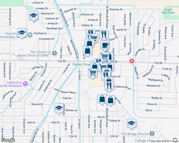 map of restaurants, bars, coffee shops, grocery stores, and more near 129 Clubhouse Circle in Idaho Falls