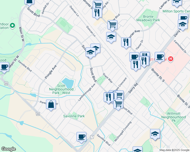 map of restaurants, bars, coffee shops, grocery stores, and more near 405 Scott Boulevard in Milton