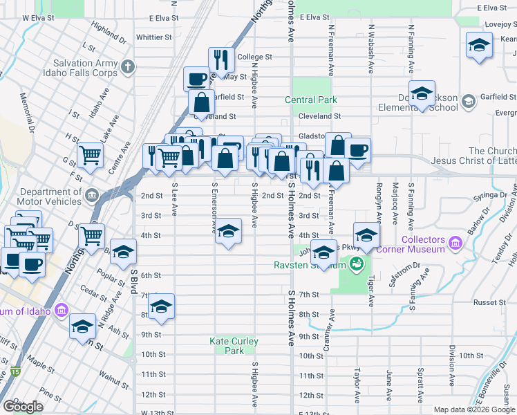map of restaurants, bars, coffee shops, grocery stores, and more near 255 South Higbee Avenue in Idaho Falls