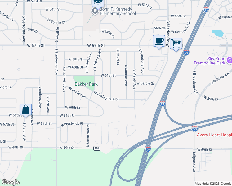 map of restaurants, bars, coffee shops, grocery stores, and more near 5601 South Drexel Drive in Sioux Falls