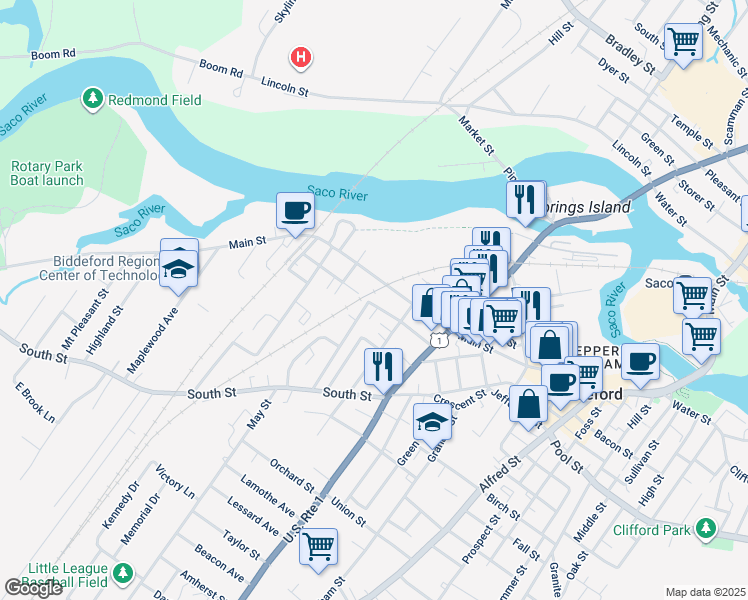 map of restaurants, bars, coffee shops, grocery stores, and more near 60 Cutts Street in Biddeford