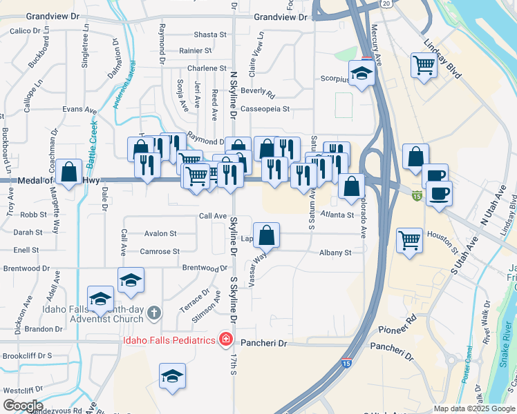 map of restaurants, bars, coffee shops, grocery stores, and more near 1551 West Broadway Street in Idaho Falls