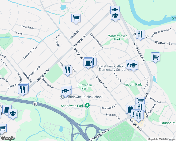 map of restaurants, bars, coffee shops, grocery stores, and more near 373 Bridge Street West in Waterloo