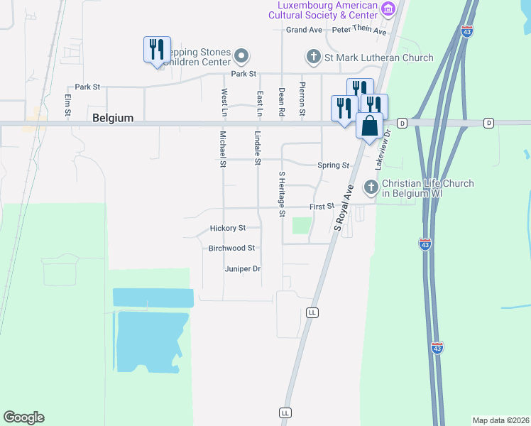 map of restaurants, bars, coffee shops, grocery stores, and more near 395 First Street in Belgium