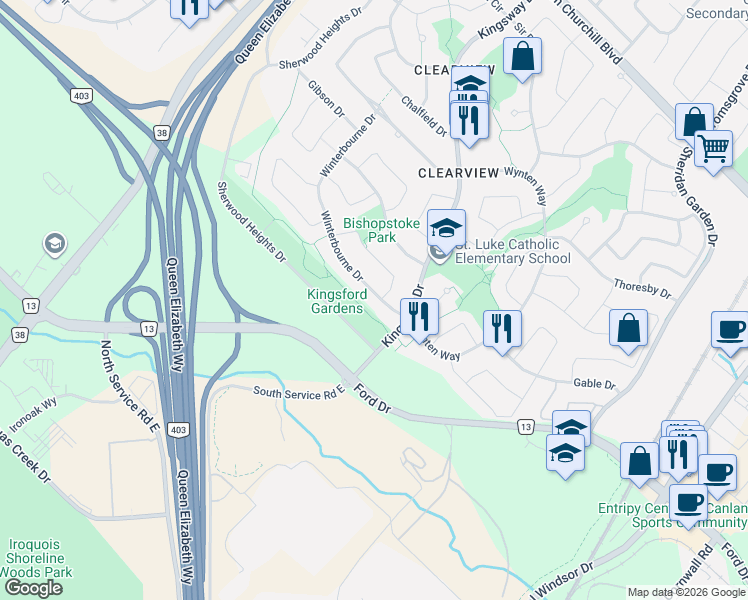 map of restaurants, bars, coffee shops, grocery stores, and more near 1238 Winterbourne Drive in Oakville