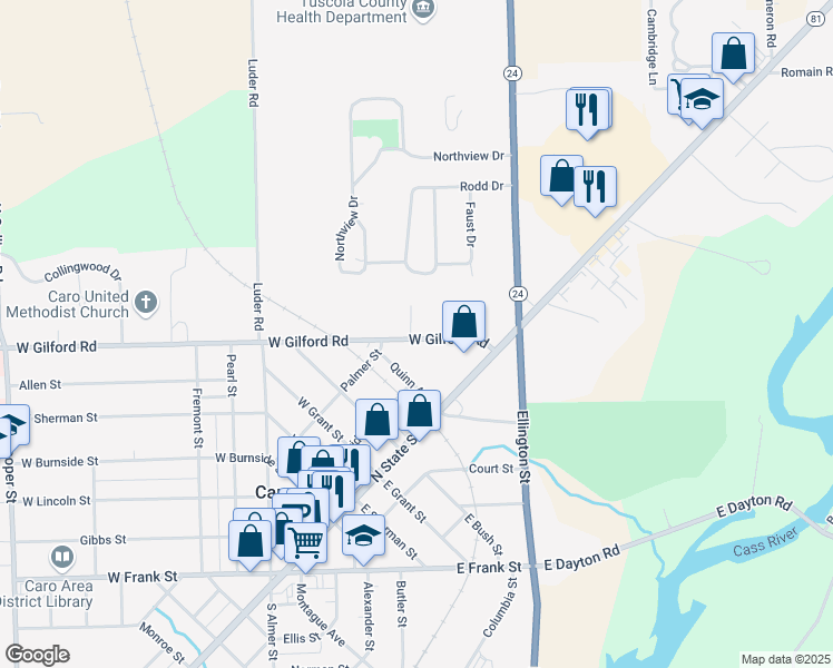 map of restaurants, bars, coffee shops, grocery stores, and more near 1002 Turner Drive in Caro