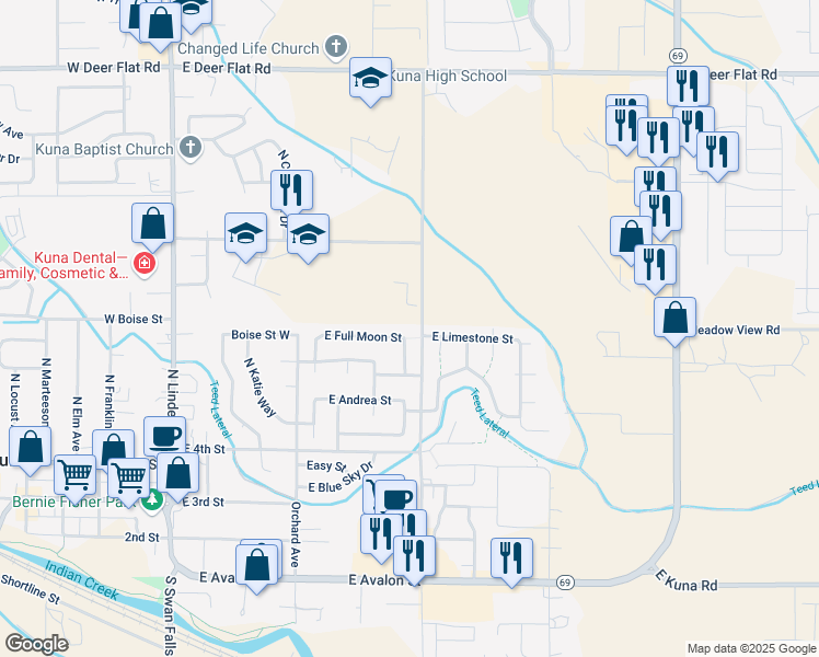 map of restaurants, bars, coffee shops, grocery stores, and more near 736 E Full Moon St in Kuna