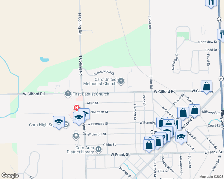 map of restaurants, bars, coffee shops, grocery stores, and more near 714 West Gilford Road in Caro