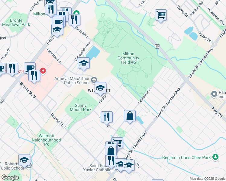 map of restaurants, bars, coffee shops, grocery stores, and more near 899 Syndenham Lane in Milton