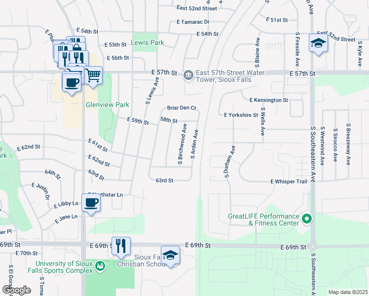 map of restaurants, bars, coffee shops, grocery stores, and more near 5112 South Birchwood Avenue in Sioux Falls