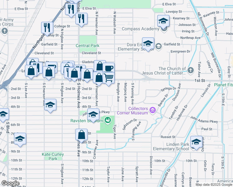 map of restaurants, bars, coffee shops, grocery stores, and more near 260 Ronglyn Avenue in Idaho Falls