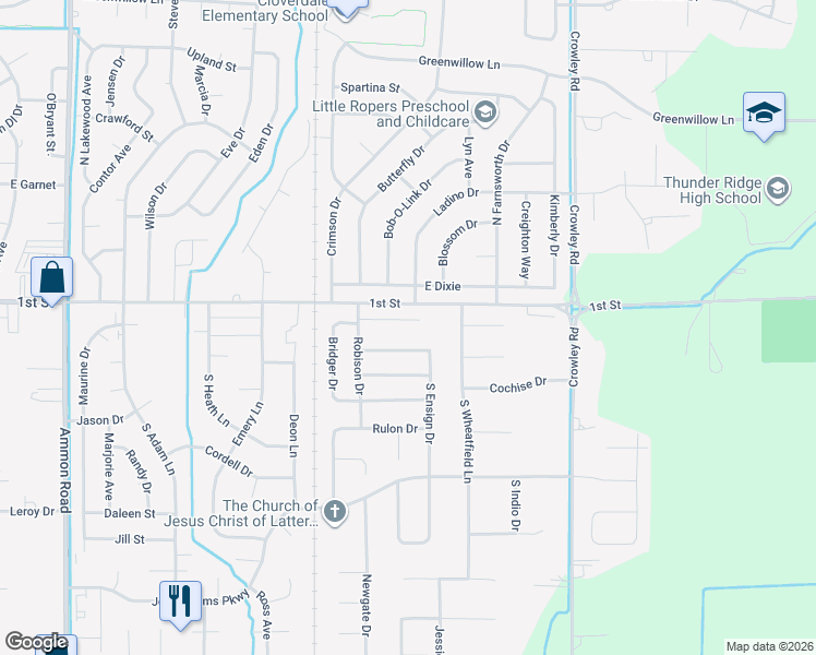 map of restaurants, bars, coffee shops, grocery stores, and more near 157 Robison Drive in Ammon
