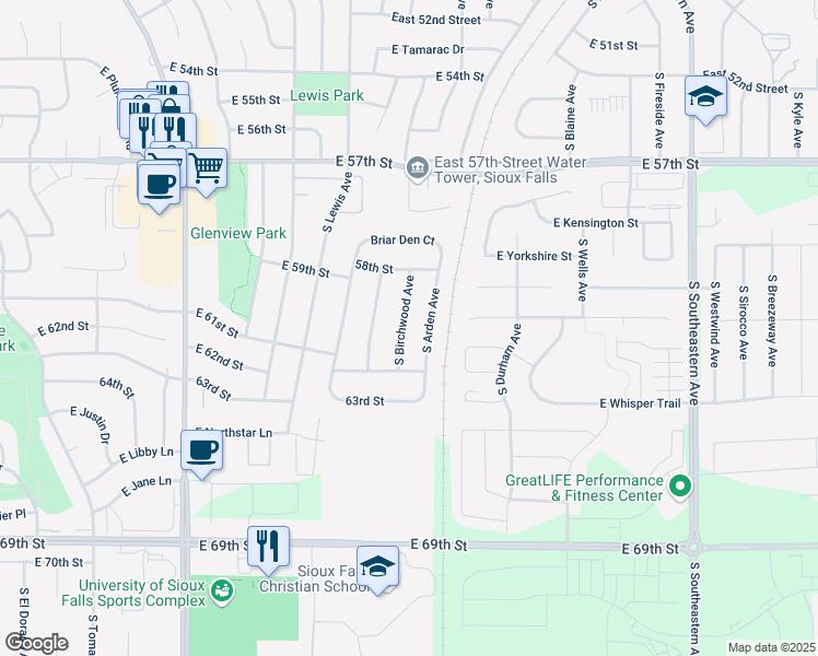 map of restaurants, bars, coffee shops, grocery stores, and more near 5112 South Birchwood Avenue in Sioux Falls