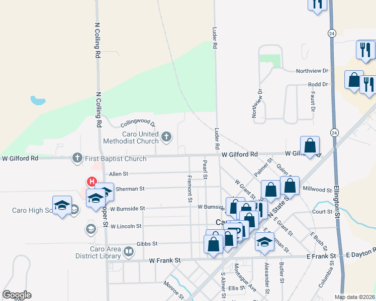 map of restaurants, bars, coffee shops, grocery stores, and more near 602 West Gilford Road in Caro