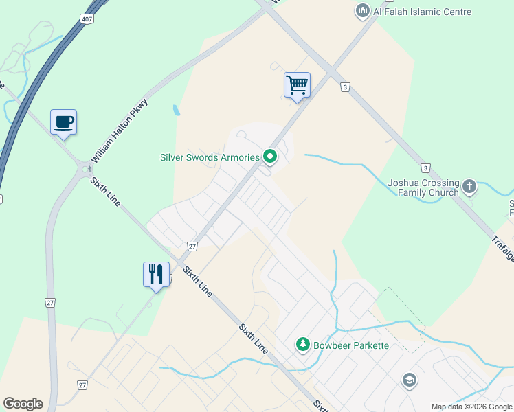map of restaurants, bars, coffee shops, grocery stores, and more near 120 Christopher Road in Oakville