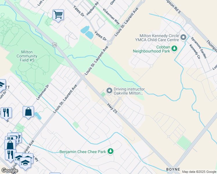 map of restaurants, bars, coffee shops, grocery stores, and more near in Milton