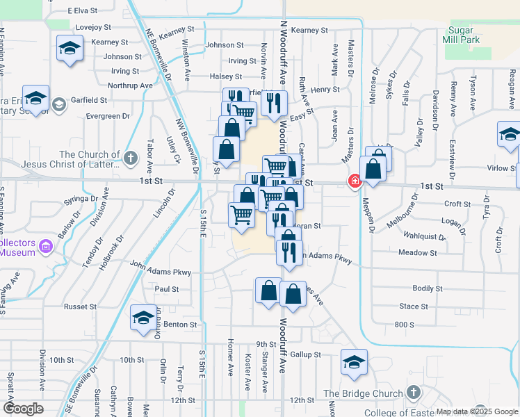 map of restaurants, bars, coffee shops, grocery stores, and more near 240 South Woodruff Avenue in Idaho Falls