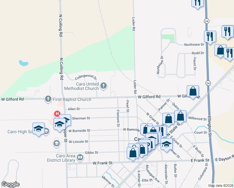 map of restaurants, bars, coffee shops, grocery stores, and more near 602 West Gilford Road in Caro