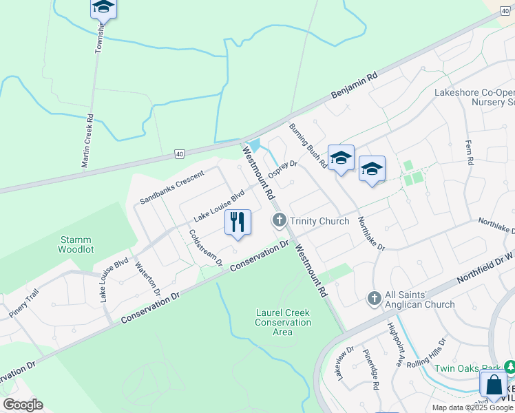 map of restaurants, bars, coffee shops, grocery stores, and more near 253 Inverhuron Crescent in Waterloo