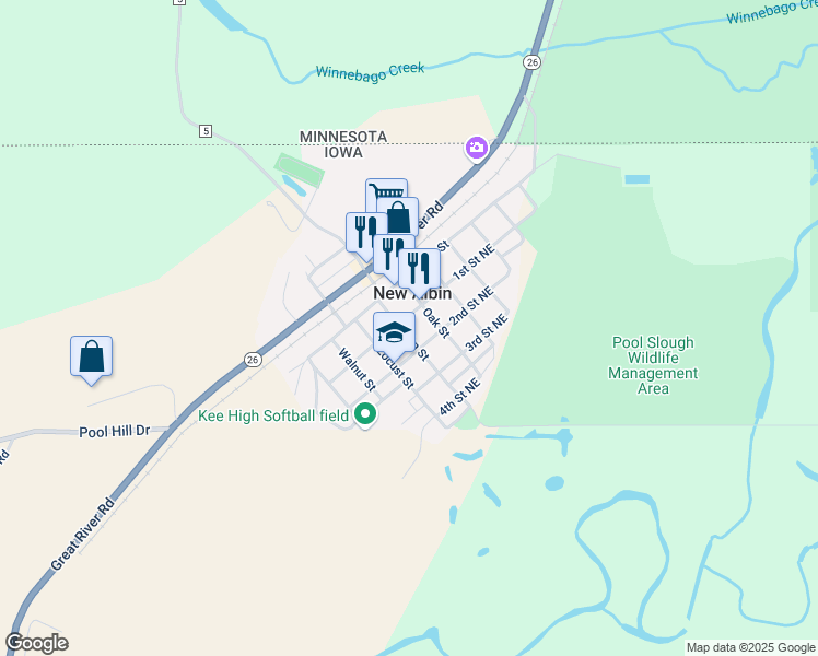 map of restaurants, bars, coffee shops, grocery stores, and more near 112-198 1st St NE in New Albin