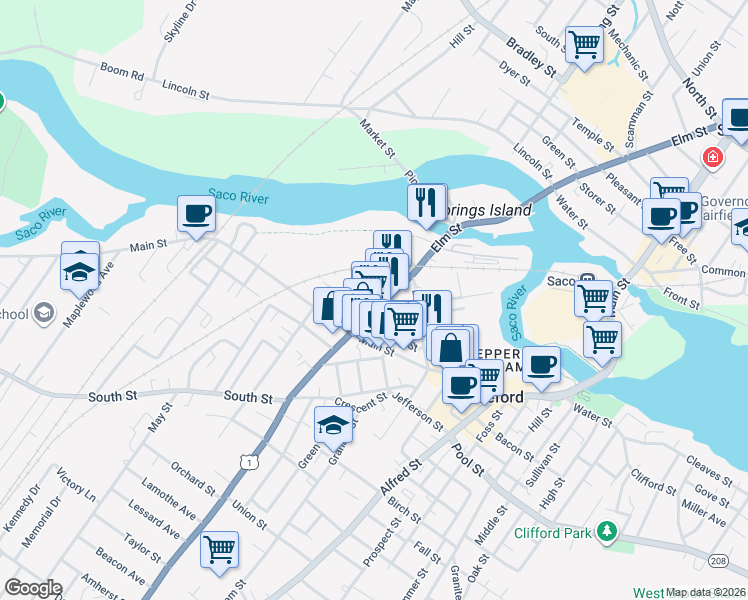 map of restaurants, bars, coffee shops, grocery stores, and more near 124 Elm Street in Biddeford