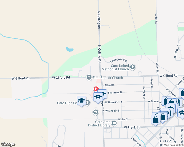 map of restaurants, bars, coffee shops, grocery stores, and more near 1026 Agar Road in Caro