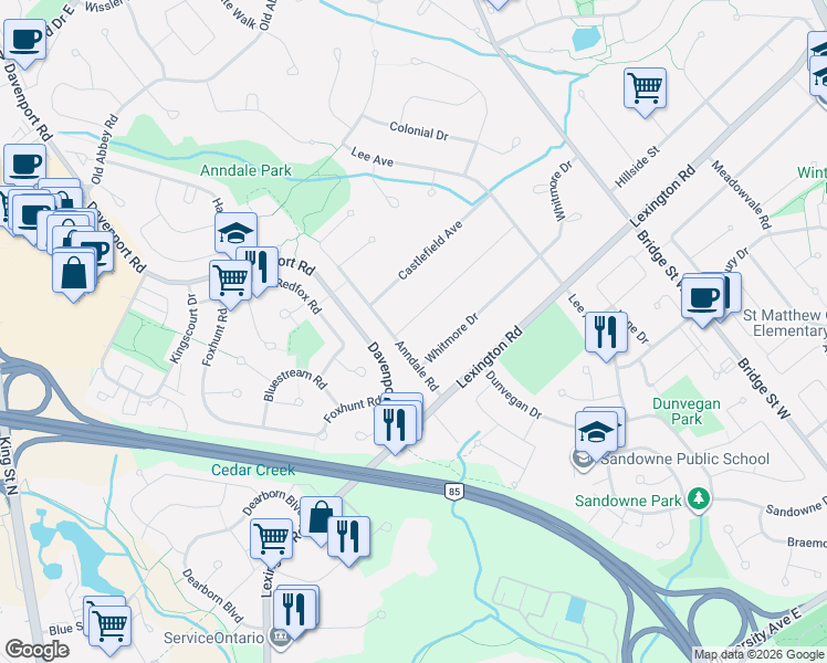 map of restaurants, bars, coffee shops, grocery stores, and more near 255 Normandy Avenue in Waterloo