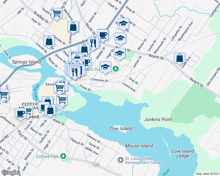 map of restaurants, bars, coffee shops, grocery stores, and more near 21 Gray Avenue in Saco