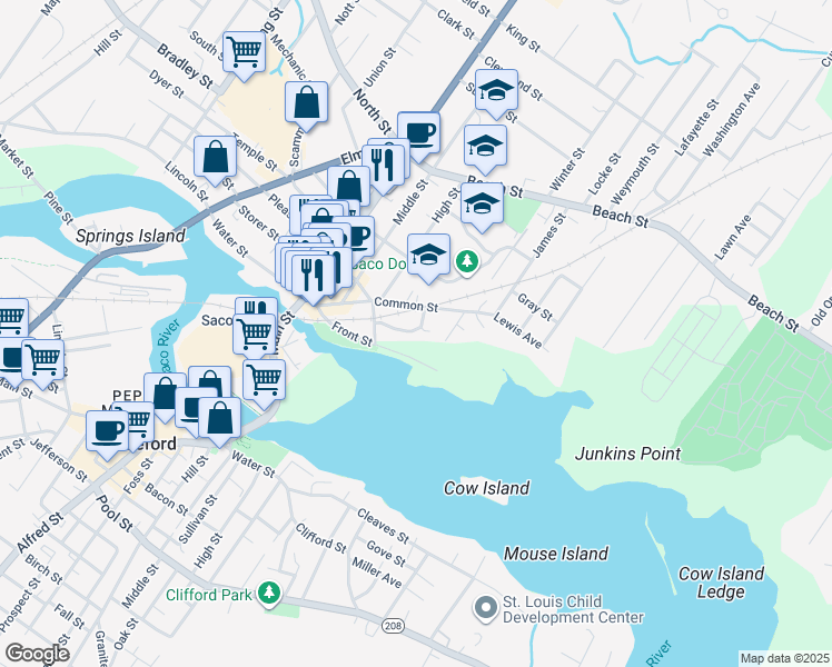 map of restaurants, bars, coffee shops, grocery stores, and more near 15 Bartlett Street in Saco
