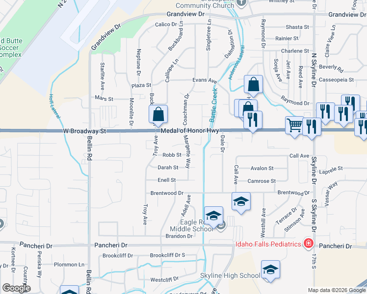 map of restaurants, bars, coffee shops, grocery stores, and more near 2142 Robb Street in Idaho Falls