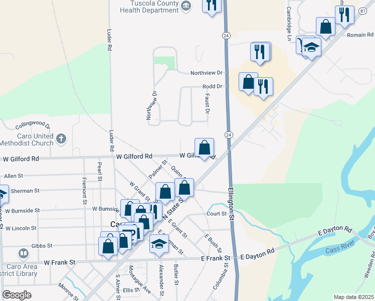 map of restaurants, bars, coffee shops, grocery stores, and more near 82 West Gilford Road in Caro